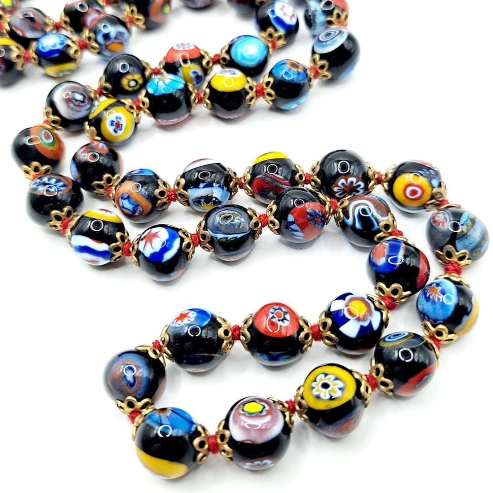 Vintage Millefiori Glass Bead Necklace Multicolor Floral Design Goldtone Accents
